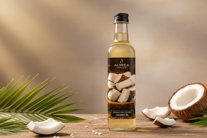 Bottle of Aurea coconut oil with coconuts and a palm leaf on a wooden surface.